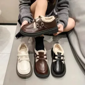 binfenxie  -  Mary Jane Women's Little Leather Shoes Autumn and Winter Cotton Shoes Retro Double Button Plush Warm Mid Heel Loafers