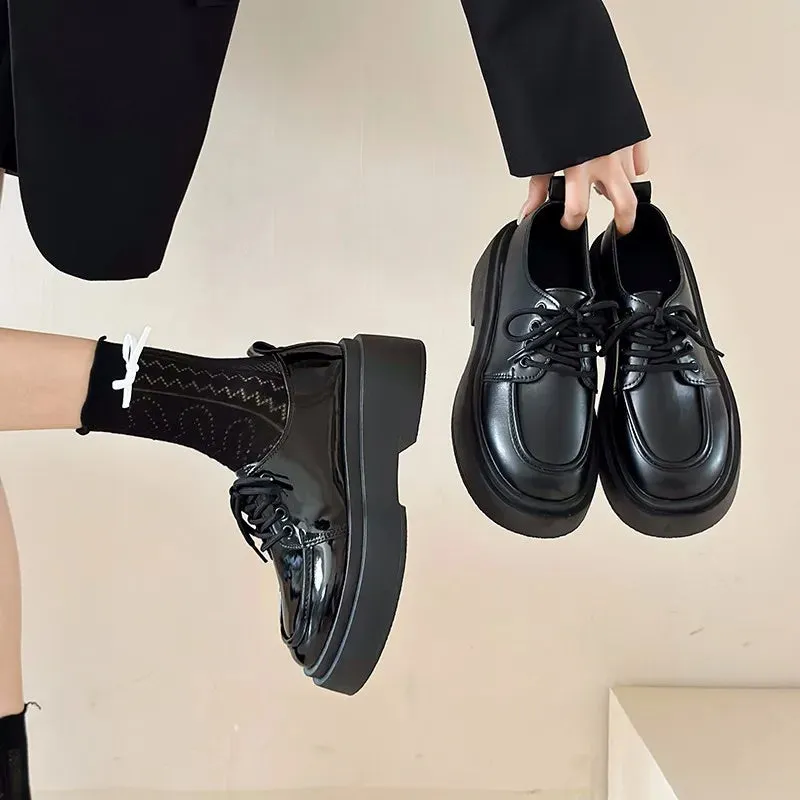 binfenxie  -  Retro British Style Black Loafers for Women Fashion Casual New Designer Platform Shoes Ladies PU Leather Lace Pumps Shoes Ladies