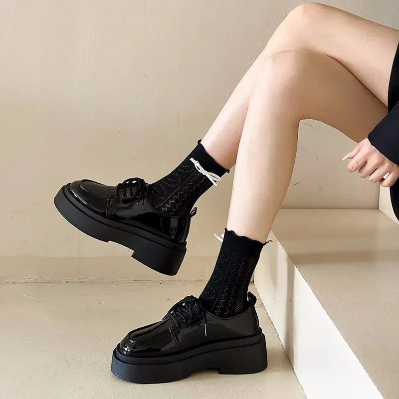 binfenxie  -  Retro British Style Black Loafers for Women Fashion Casual New Designer Platform Shoes Ladies PU Leather Lace Pumps Shoes Ladies