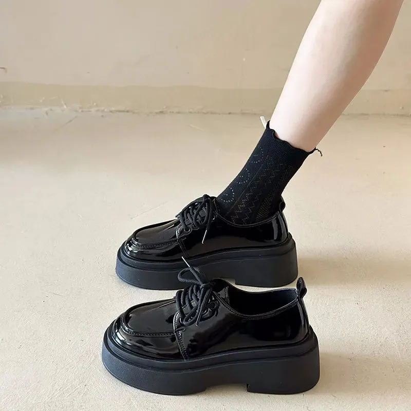 binfenxie  -  Retro British Style Black Loafers for Women Fashion Casual New Designer Platform Shoes Ladies PU Leather Lace Pumps Shoes Ladies