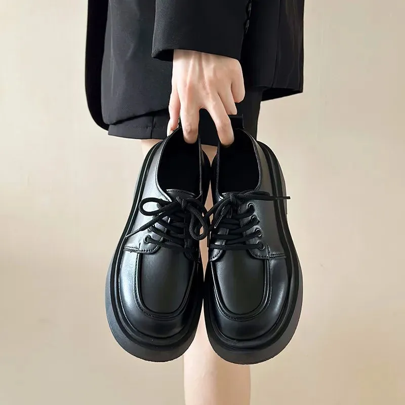 binfenxie  -  Retro British Style Black Loafers for Women Fashion Casual New Designer Platform Shoes Ladies PU Leather Lace Pumps Shoes Ladies