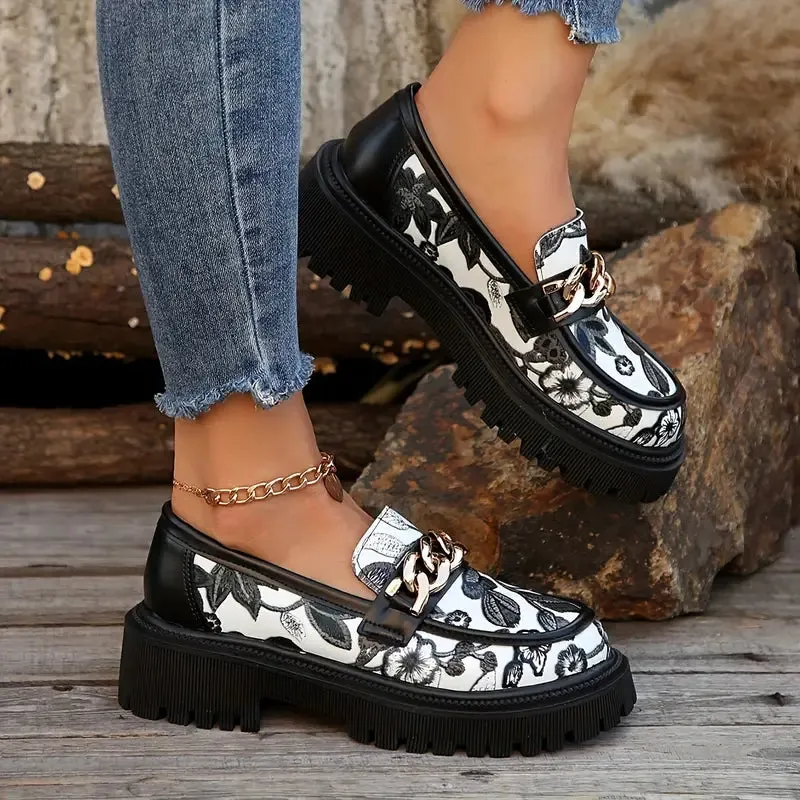 Chique Retro Bloemen Loafers - Slip-On met Metallic Gesp & Dikke Zool
