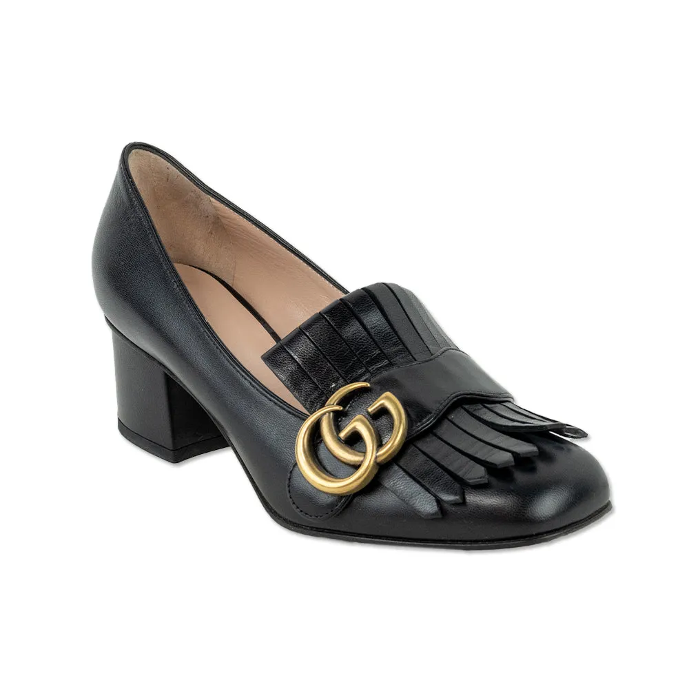 Gucci GG Marmont Black Leather Fringe Heeled Loafers