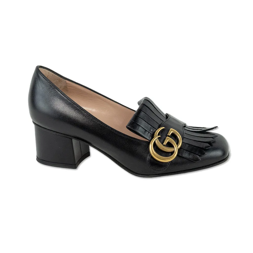 Gucci GG Marmont Black Leather Fringe Heeled Loafers