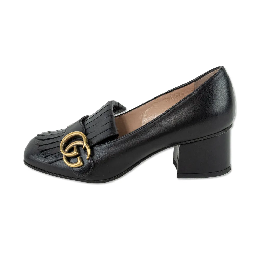 Gucci GG Marmont Black Leather Fringe Heeled Loafers