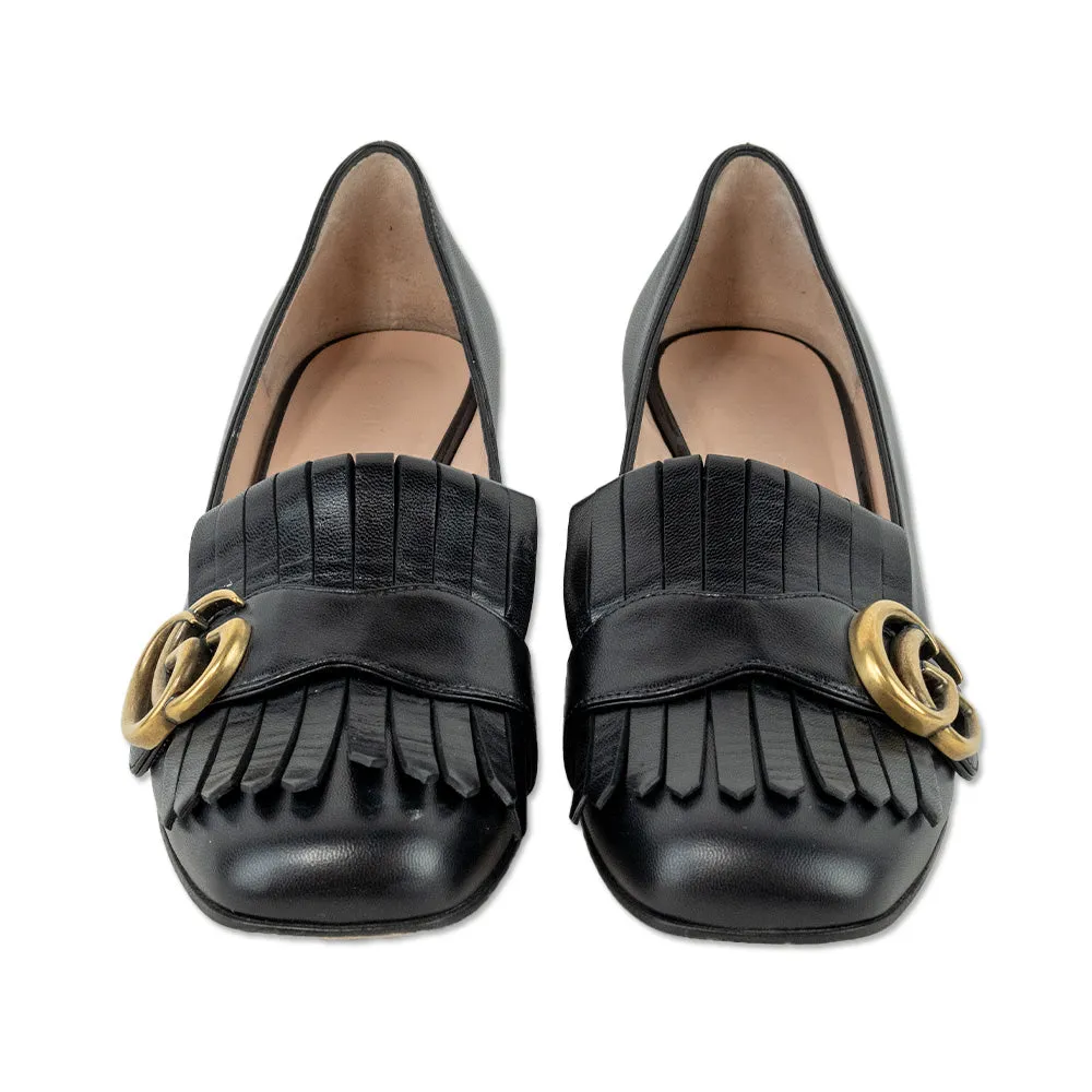 Gucci GG Marmont Black Leather Fringe Heeled Loafers