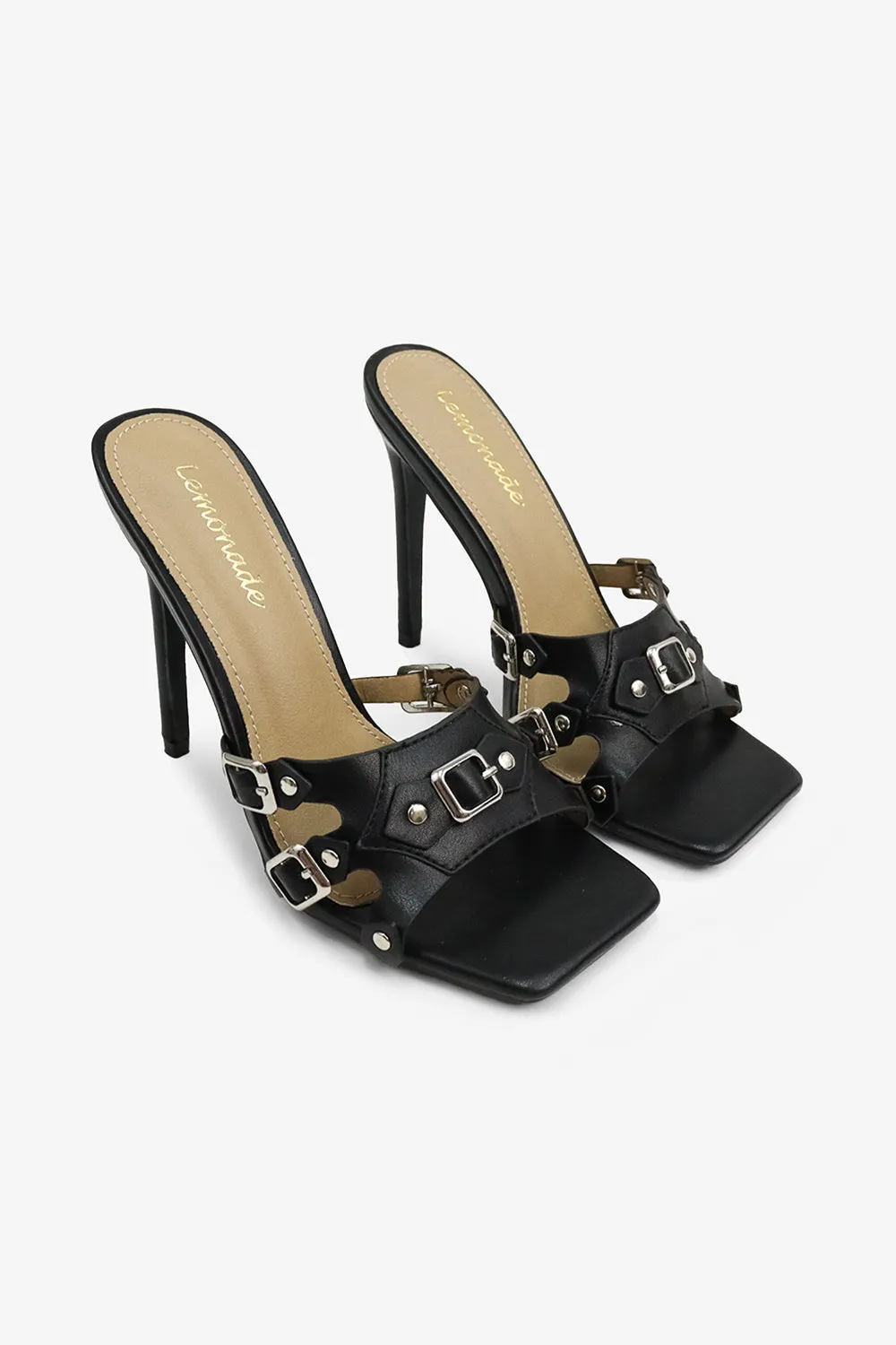 Kristena Buckle Detail Square Toe High Heel Mules
