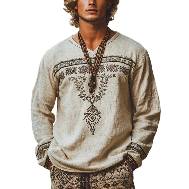 Men's Vintage Embroidery Cotton and Linen V Neck Long Sleeve Shirt 12337540Y